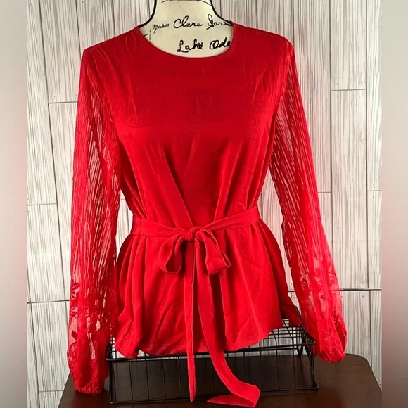 Shein Red Long Sleeve Lacy Gathered Cuffs Top - Picture 1 of 5